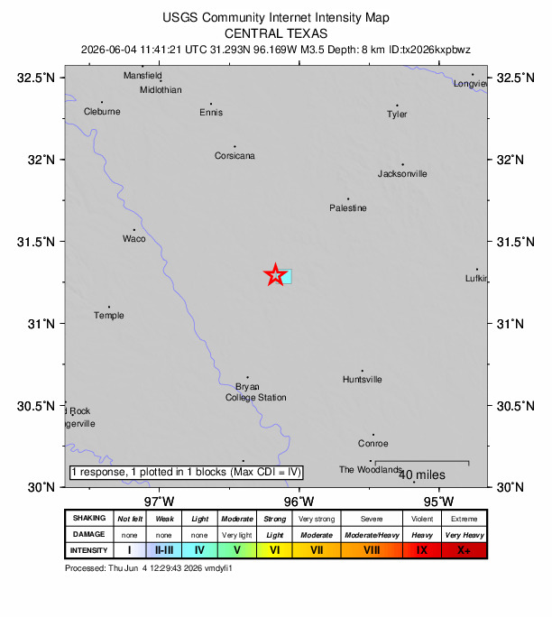 USGS DYFI community-reported intensity map for the M3.5 earthquake near 7 km SSW of Jewett, Texas