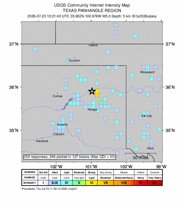 USGS DYFI community-reported intensity map for the M5.0 earthquake near 38 km SSE of Spearman, Texas