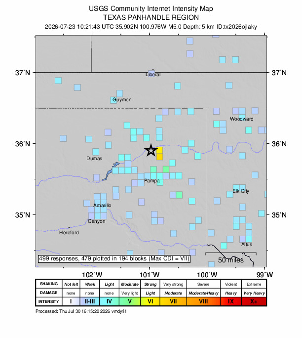 USGS DYFI community-reported intensity map for the M5.0 earthquake near 38 km SSE of Spearman, Texas