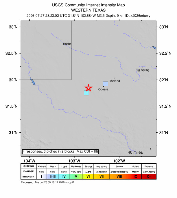 USGS DYFI community-reported intensity map for the M3.5 earthquake near 16 km SSW of Goldsmith, Texas