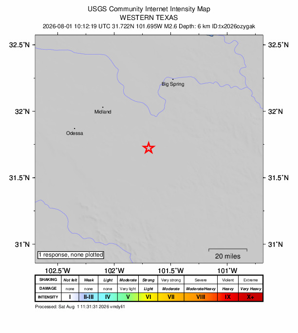 USGS DYFI community-reported intensity map for the M2.6 earthquake near 25 km SW of Garden City, Texas