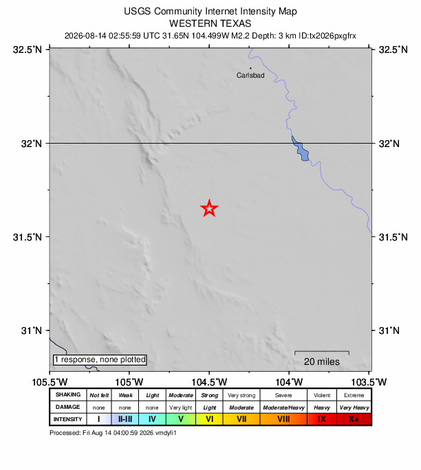 USGS DYFI community-reported intensity map for the M2.5 earthquake near 59 km SSW of Whites City, New Mexico