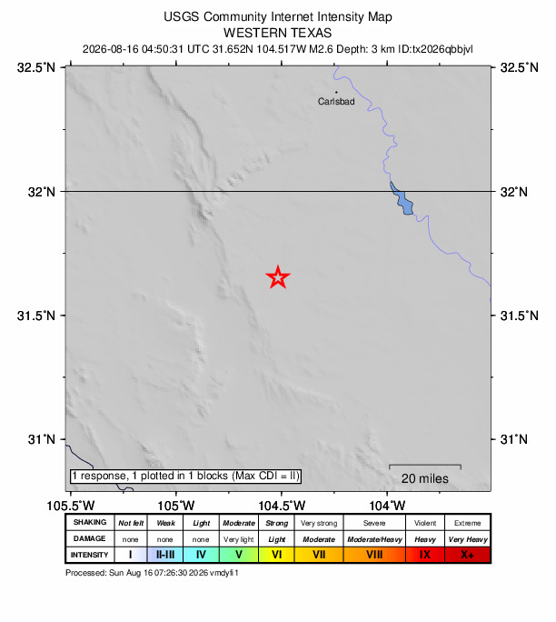 USGS DYFI community-reported intensity map for the M2.6 earthquake near 59 km SSW of Whites City, New Mexico