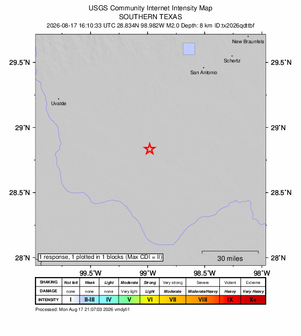 USGS DYFI community-reported intensity map for the M2.0 earthquake near 12 km ESE of Pearsall, Texas