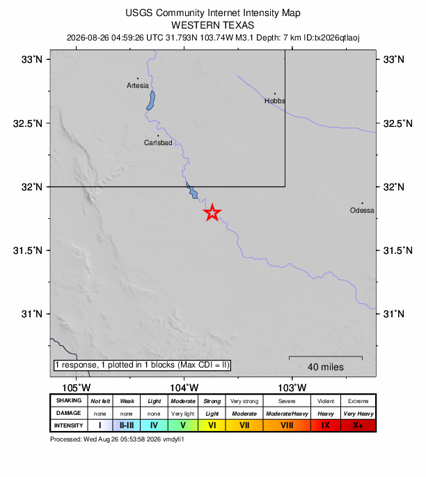 USGS DYFI community-reported intensity map for the M3.1 earthquake near 16 km NW of Mentone, Texas