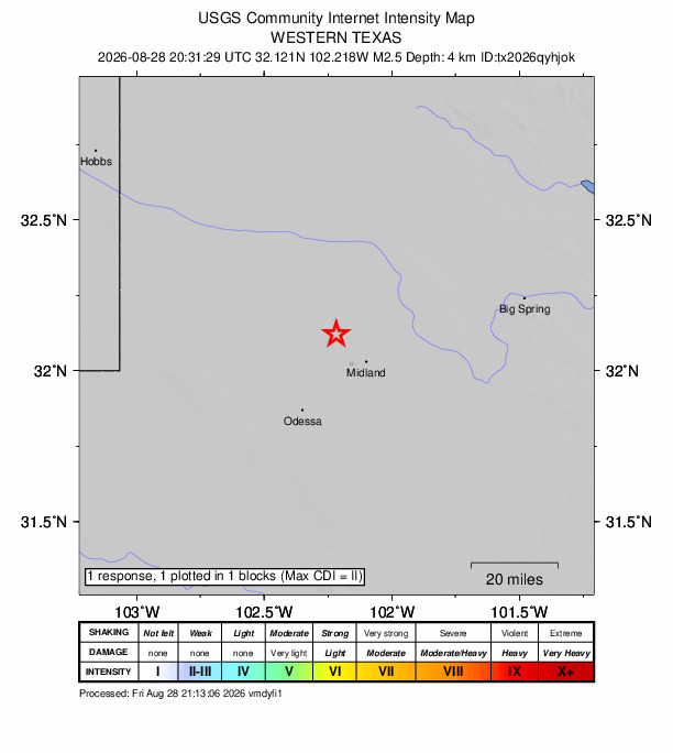 USGS DYFI community-reported intensity map for the M2.5 earthquake near 18 km NE of Gardendale, Texas