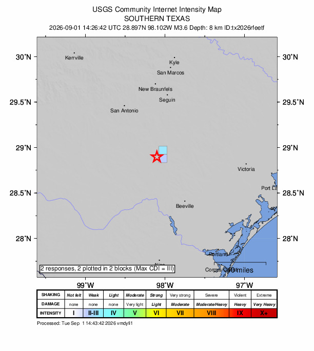 USGS DYFI community-reported intensity map for the M3.6 earthquake near 12 km SW of Falls City, Texas