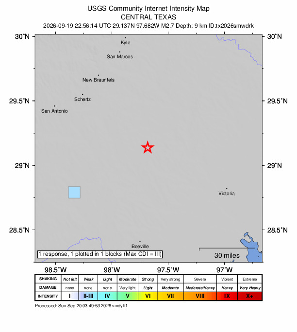 USGS DYFI community-reported intensity map for the M2.7 earthquake near 15 km SSW of Smiley, Texas