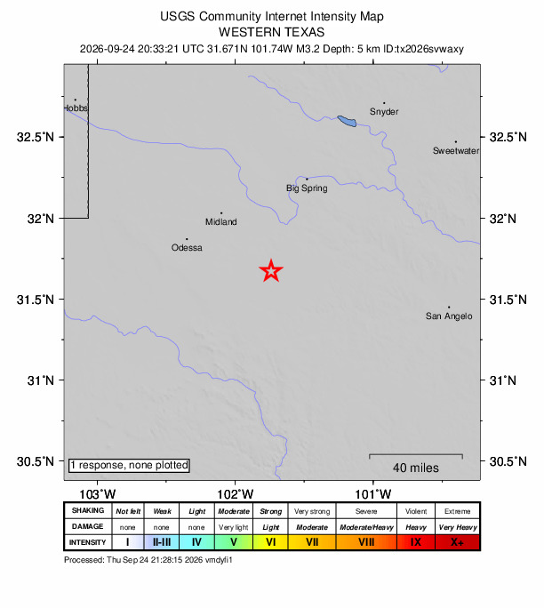 USGS DYFI community-reported intensity map for the M3.2 earthquake near 32 km SW of Garden City, Texas