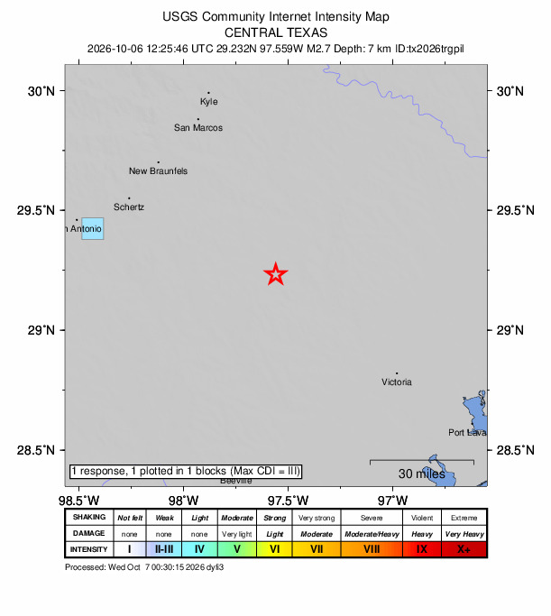 USGS DYFI community-reported intensity map for the M2.7 earthquake near 8 km ESE of Smiley, Texas
