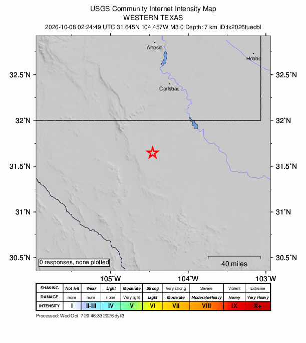USGS DYFI community-reported intensity map for the M3.0 earthquake near 58 km S of Whites City, New Mexico