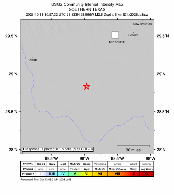 USGS DYFI community-reported intensity map for the M2.6 earthquake near 14 km ESE of Pearsall, Texas