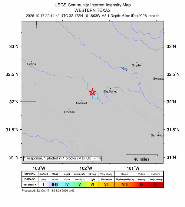 USGS DYFI community-reported intensity map for the M3.1 earthquake near 8 km NW of Stanton, Texas