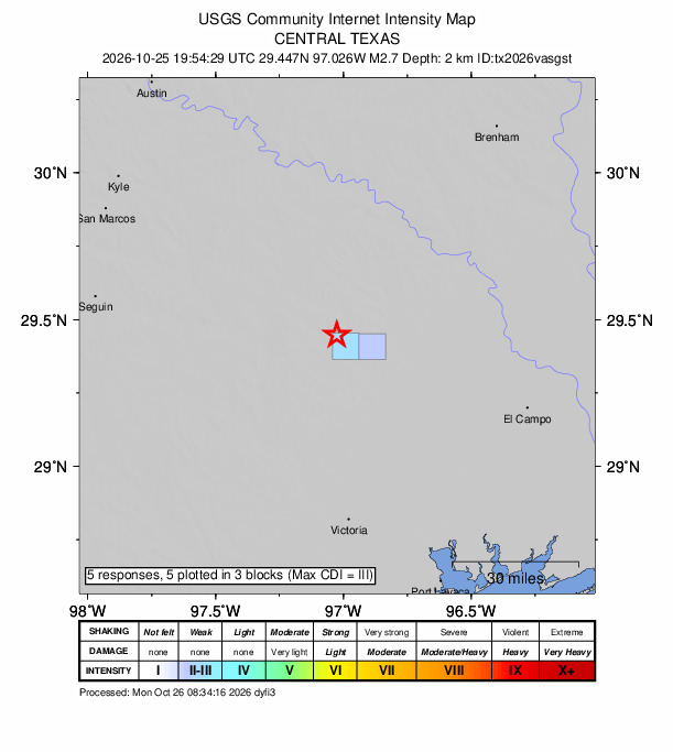 USGS DYFI community-reported intensity map for the M2.7 earthquake near 8 km W of Hallettsville, Texas