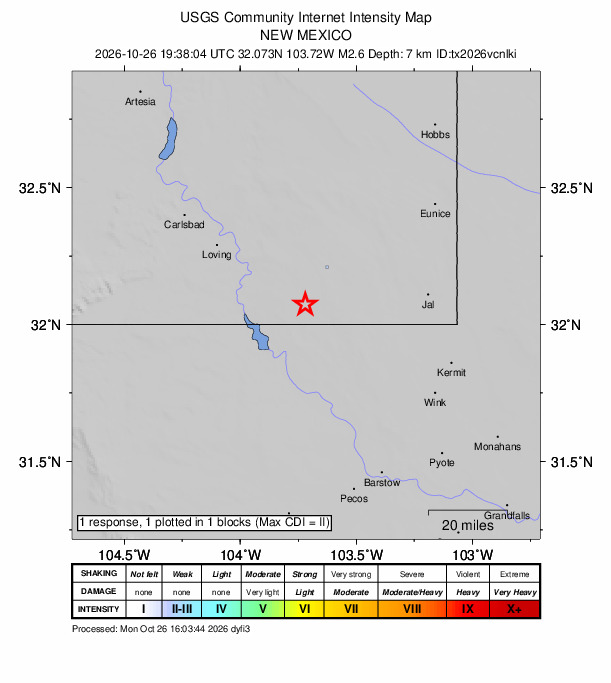 USGS DYFI community-reported intensity map for the M2.6 earthquake near 37 km ESE of Malaga, New Mexico