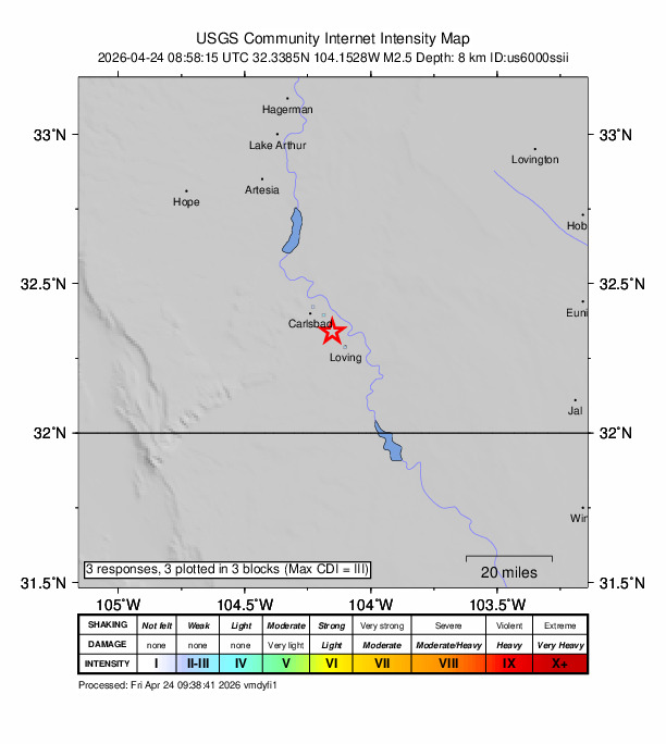 USGS DYFI community-reported intensity map for the M2.5 earthquake near 7 km SE of Livingston Wheeler, New Mexico