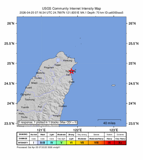 USGS DYFI community-reported intensity map for the M4.1 earthquake near 9 km ENE of Yilan, Taiwan