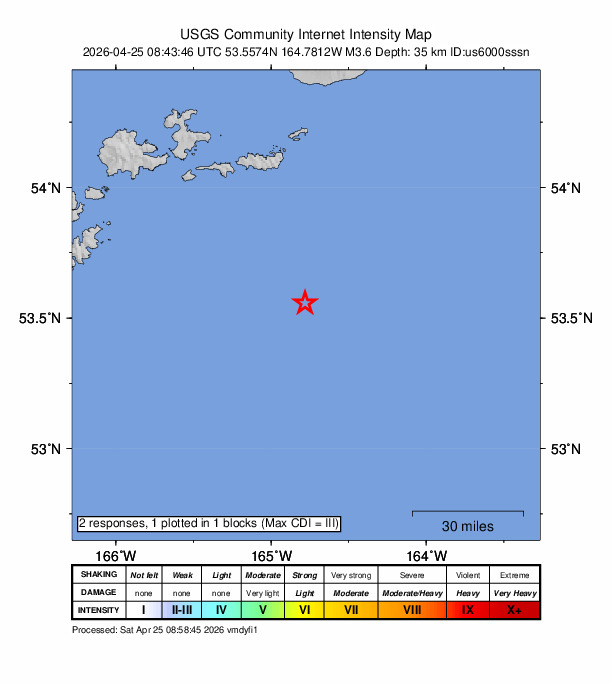 USGS DYFI community-reported intensity map for the M3.6 earthquake near 91 km SE of Akutan, Alaska