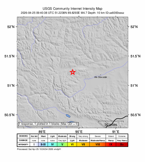 USGS DYFI community-reported intensity map for the M4.7 earthquake near 35 km NW of Teeli, Russia