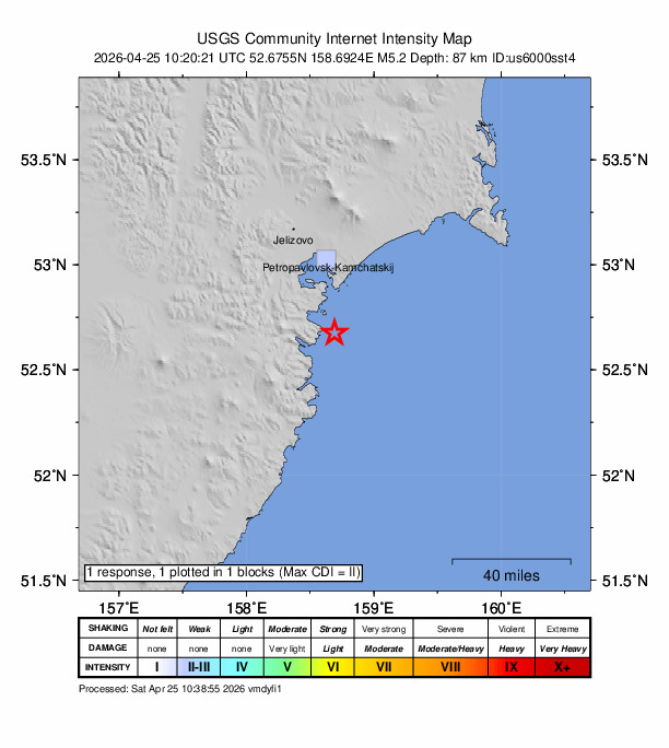 USGS DYFI community-reported intensity map for the M5.2 earthquake near 34 km SE of Vilyuchinsk, Russia