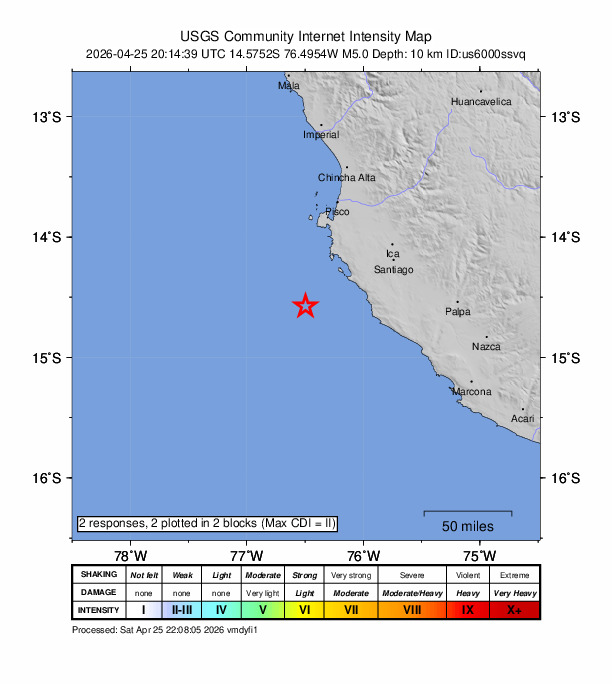 USGS DYFI community-reported intensity map for the M5.0 earthquake near 82 km SSW of Paracas, Peru