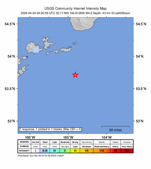 USGS DYFI community-reported intensity map for the M4.6 earthquake near 78 km SE of Akutan, Alaska