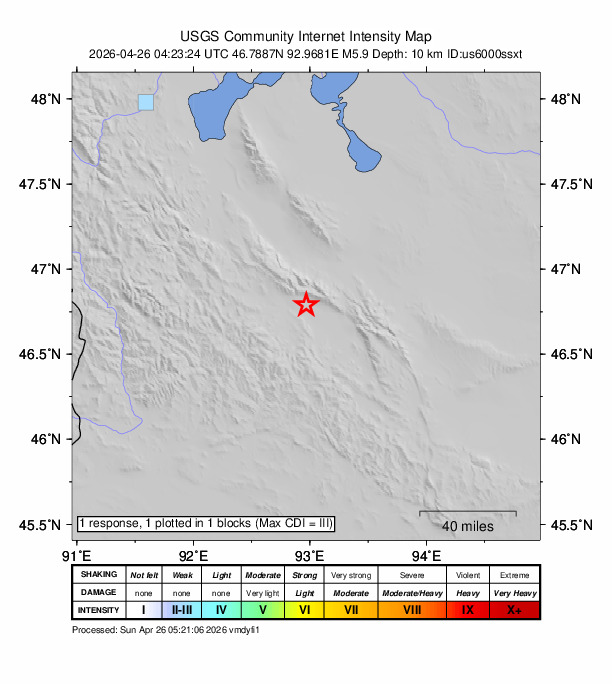 USGS DYFI community-reported intensity map for the M5.9 earthquake near 168 km SE of Khovd, Mongolia