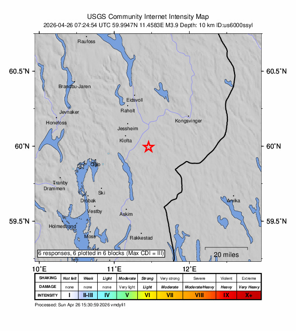 USGS DYFI community-reported intensity map for the M3.9 earthquake near 7 km SE of Auli, Norway