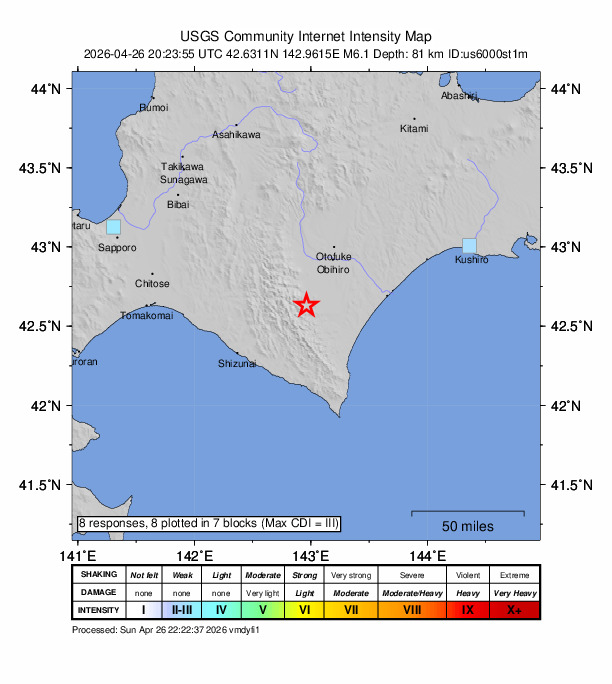USGS DYFI community-reported intensity map for the M6.1 earthquake near 18 km W of Sarabetsu, Japan