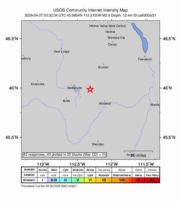 USGS DYFI community-reported intensity map for the M2.9 earthquake near 17 km E of Butte, Montana