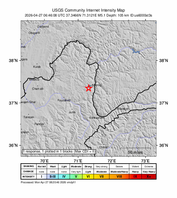 USGS DYFI community-reported intensity map for the M5.1 earthquake near 26 km SW of Khorugh, Tajikistan