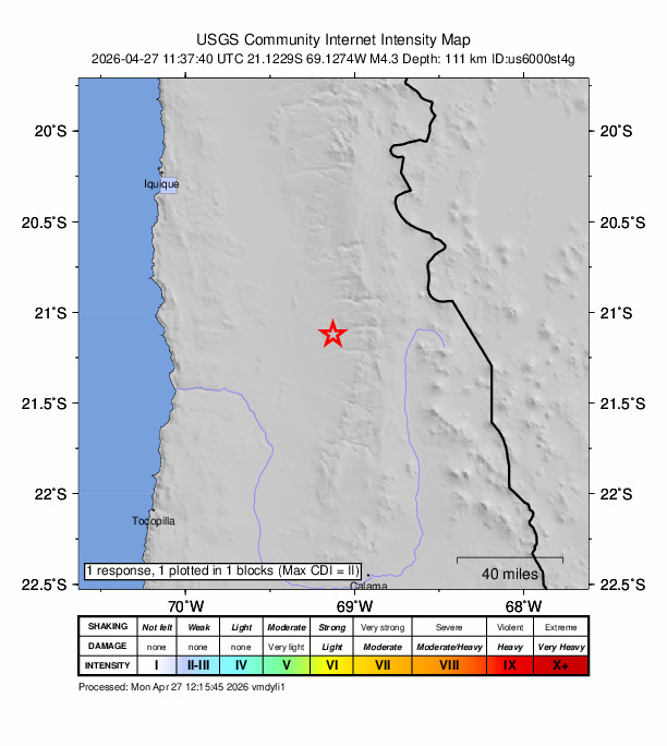 USGS DYFI community-reported intensity map for the M4.3 earthquake near 91 km W of Ollagüe, Chile