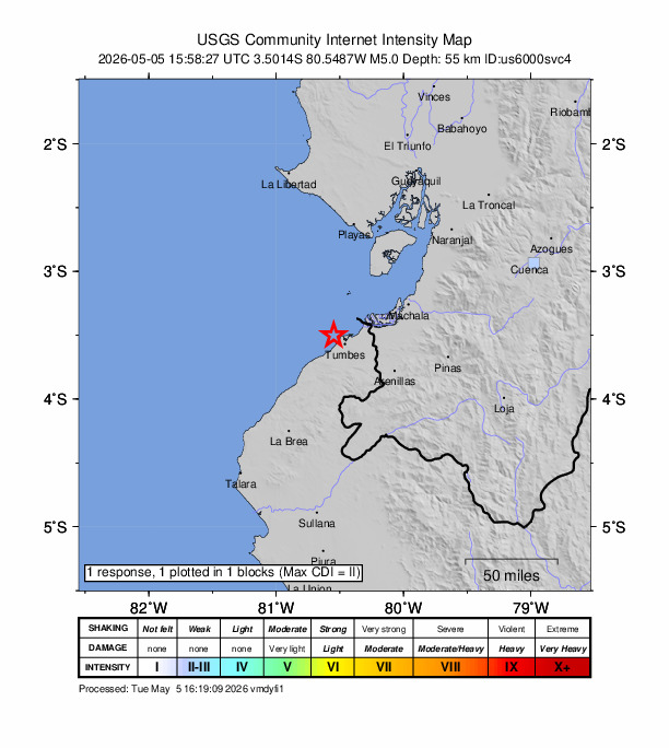 USGS DYFI community-reported intensity map for the M5.0 earthquake near 13 km NW of Tumbes, Peru