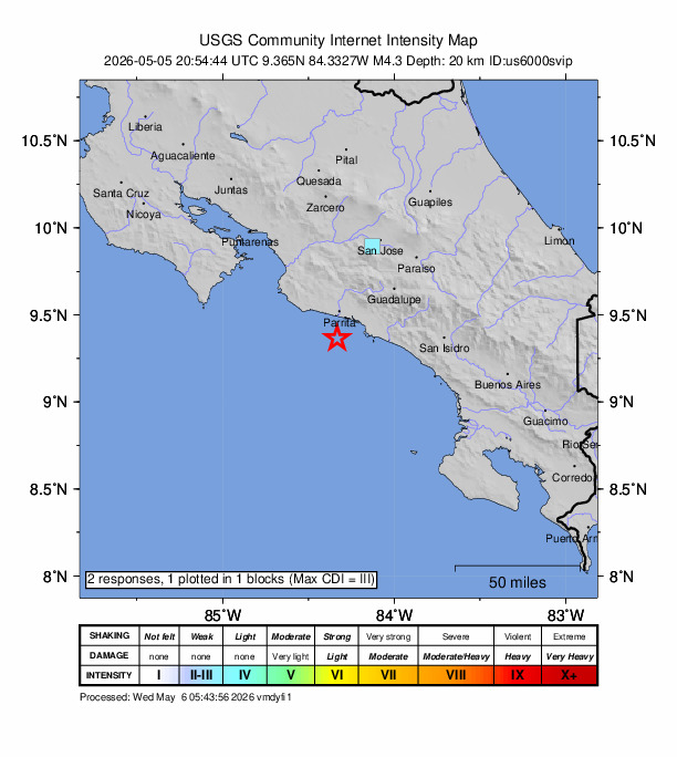 USGS DYFI community-reported intensity map for the M4.3 earthquake near 17 km S of Parrita, Costa Rica