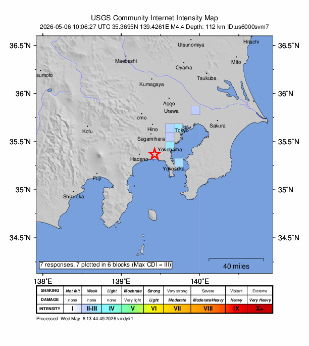 USGS DYFI community-reported intensity map for the M4.4 earthquake near 4 km NNE of Chigasaki, Japan