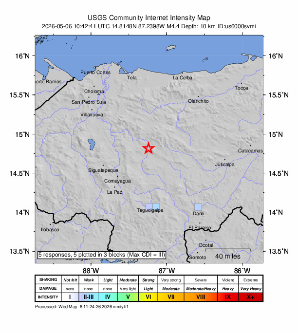 USGS DYFI community-reported intensity map for the M4.4 earthquake near 5 km ESE of San José del Potrero, Honduras