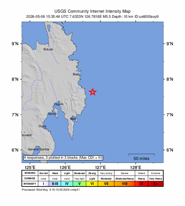 USGS DYFI community-reported intensity map for the M5.5 earthquake near 25 km ENE of Baganga, Philippines