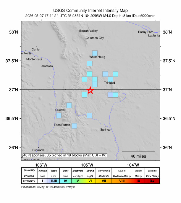 USGS DYFI community-reported intensity map for the M4.0 earthquake near 17 km SSW of Weston, Colorado