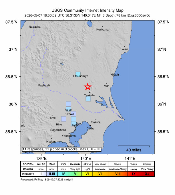 USGS DYFI community-reported intensity map for the M4.6 earthquake near 5 km E of Chikusei, Japan