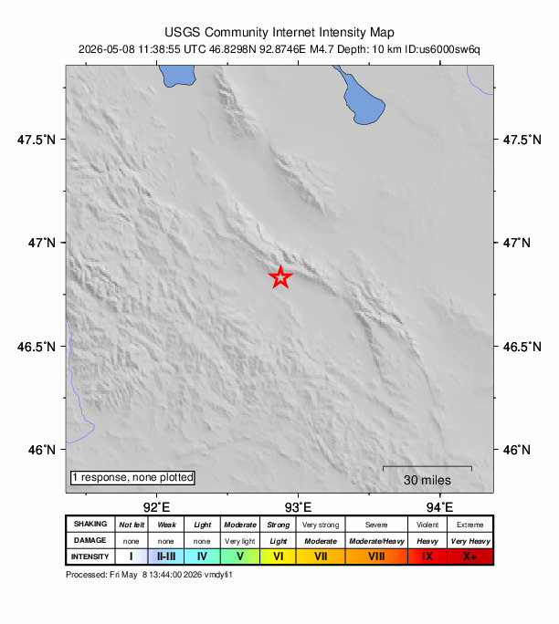 USGS DYFI community-reported intensity map for the M4.7 earthquake near 160 km SE of Khovd, Mongolia