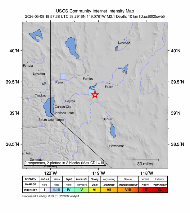 USGS DYFI community-reported intensity map for the M3.1 earthquake near 18 km SE of Silver Springs, Nevada