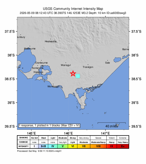 USGS DYFI community-reported intensity map for the M3.2 earthquake near 3 km WNW of Mirboo North, Australia