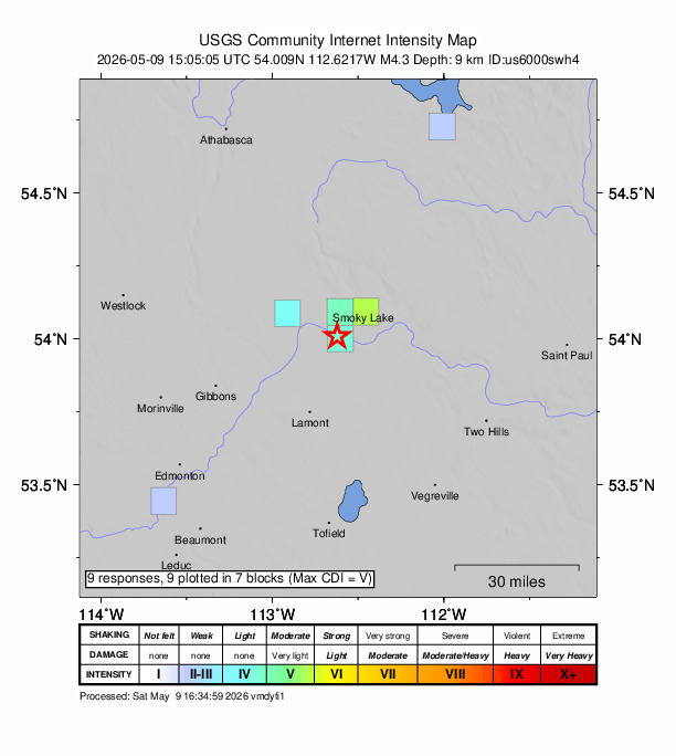 USGS DYFI community-reported intensity map for the M4.3 earthquake near 15 km SW of Smoky Lake, Canada