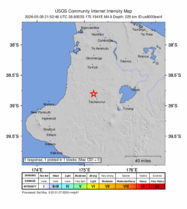 USGS DYFI community-reported intensity map for the M4.9 earthquake near 57 km WNW of Turangi, New Zealand