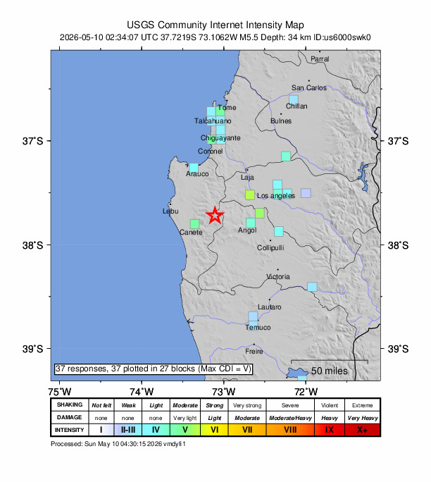 USGS DYFI community-reported intensity map for the M5.5 earthquake near 27 km ENE of Cañete, Chile