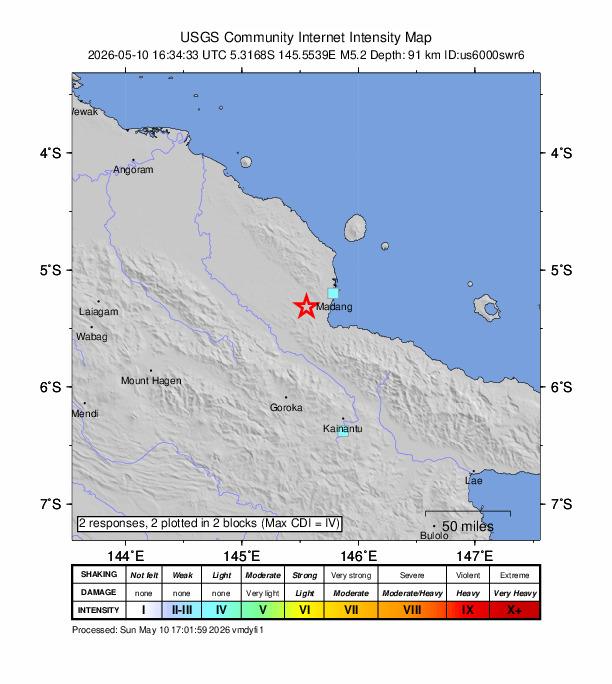 USGS DYFI community-reported intensity map for the M5.2 earthquake near 27 km WSW of Madang, Papua New Guinea