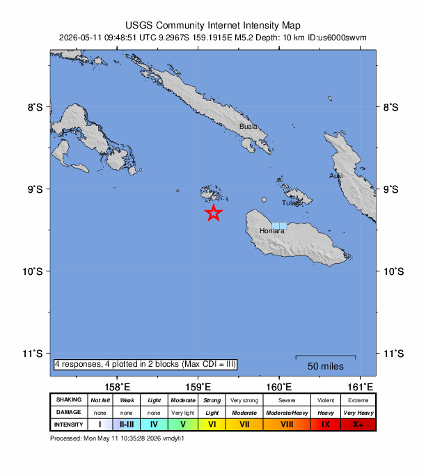 USGS DYFI community-reported intensity map for the M5.2 earthquake near 72 km NW of Malango, Solomon Islands
