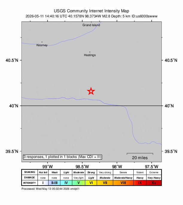 USGS DYFI community-reported intensity map for the M2.8 earthquake near 6 km ESE of Cowles, Nebraska