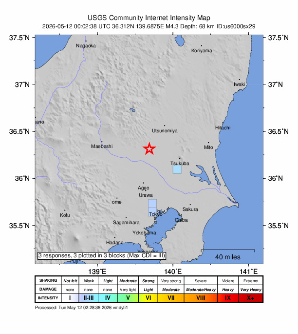 USGS DYFI community-reported intensity map for the M4.3 earthquake near 7 km NNE of Fujioka, Japan