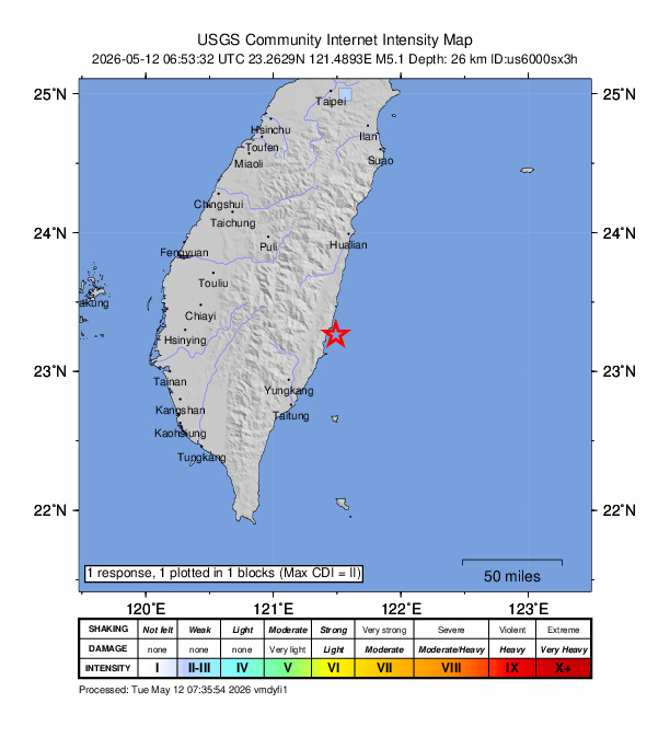 USGS DYFI community-reported intensity map for the M5.1 earthquake near 79 km S of Hualien City, Taiwan